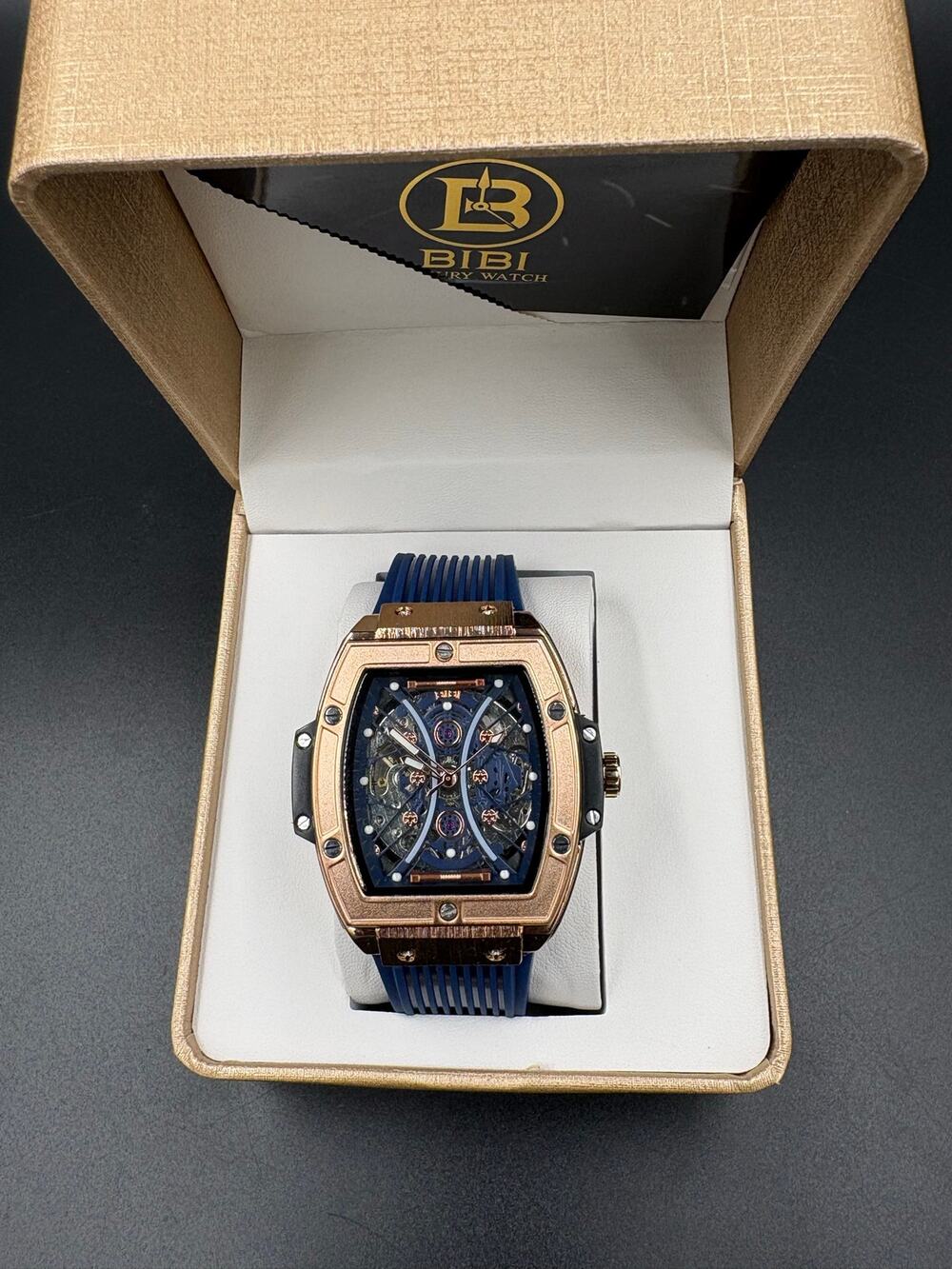 Bibi Luxury Automatic Watch 47x55mm Gold Casing Blue Silicone Strap New in Box